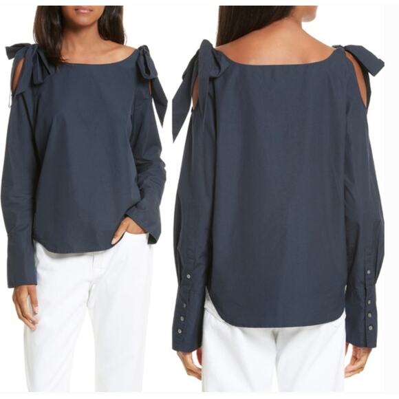 FRAME Bow Cold Shoulder Cotton Blouse In Navy Size M NWOT - Picture 9 of 9